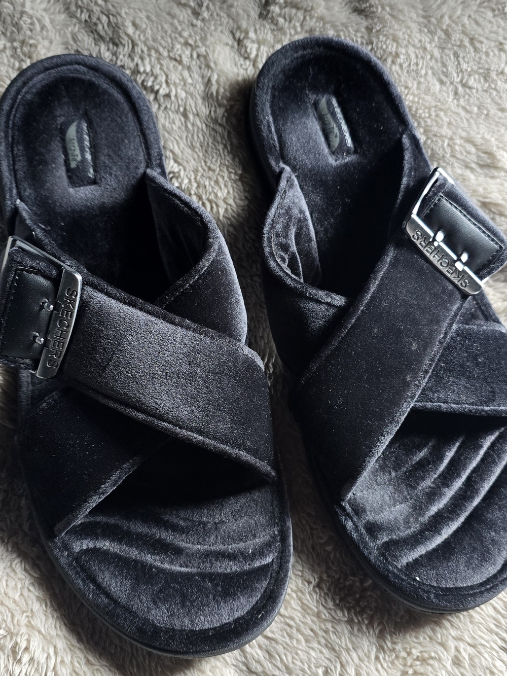 Skechers Black Velvet Crisscross Slide Sandals